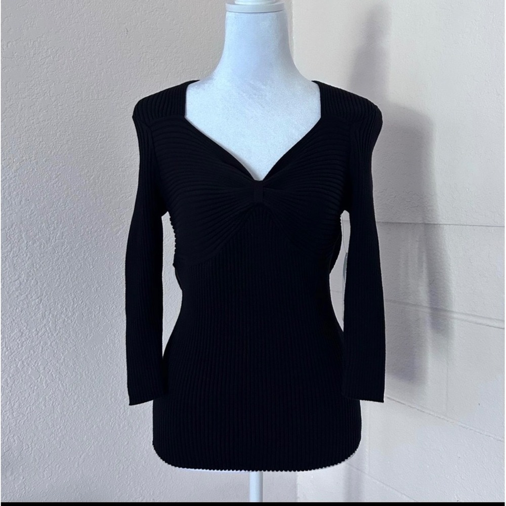 August Silk Ribbed Knit Top Women M Black Sweetheart Neck‎ 3/4 Sleeve Gothic
